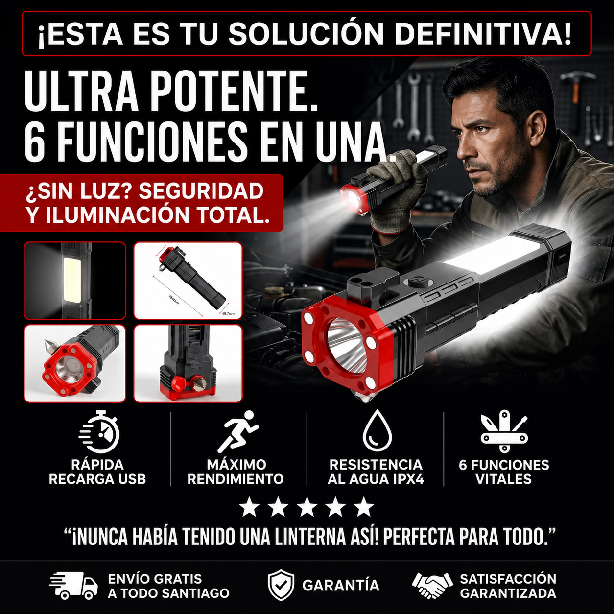 Linterna Táctica 4 en 1 — Rompe Vidrios + USB-C