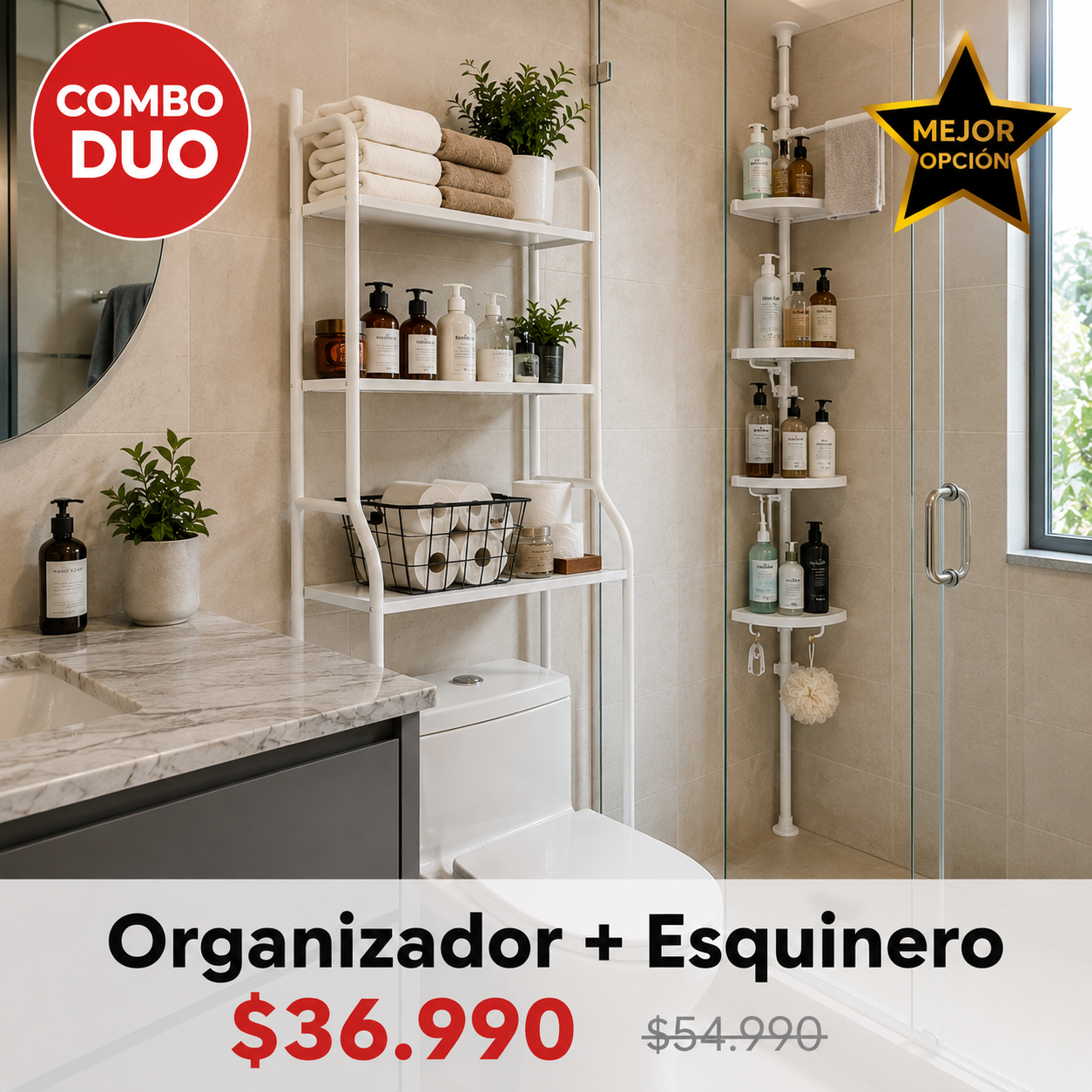 Combo Organizador de Baño — Sobre el Inodoro + Esquinero de Ducha