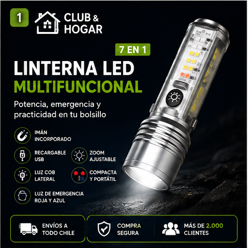 Linterna Multifuncional 7 en 1 Helius™ | Recargable USB, Imán y Zoom Ajustable