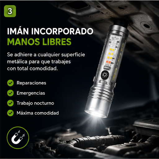Linterna Multifuncional 7 en 1 Helius™ | Recargable USB, Imán y Zoom Ajustable